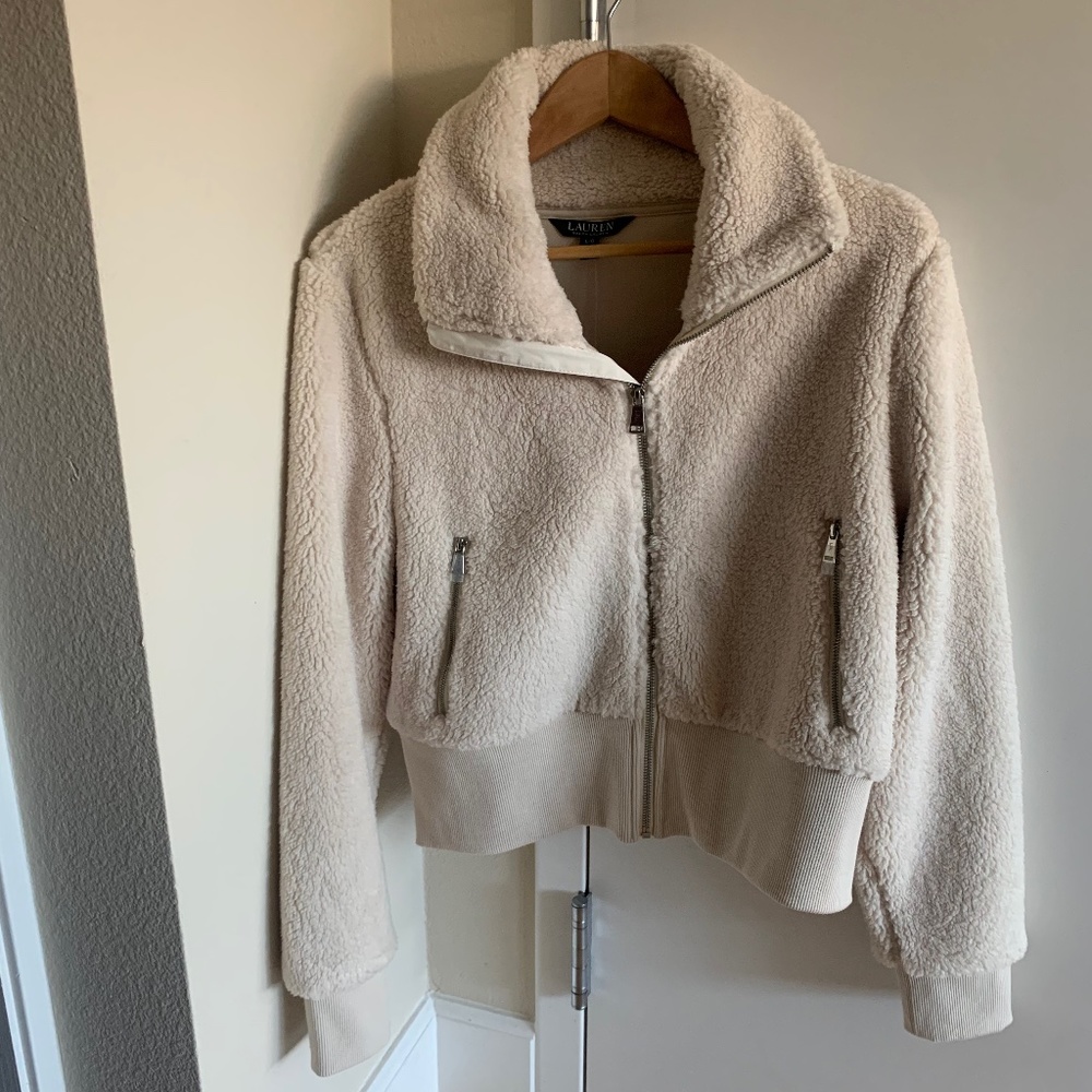 Ralph Lauren bomber style cropped fleece jacket in Cream (NWT)